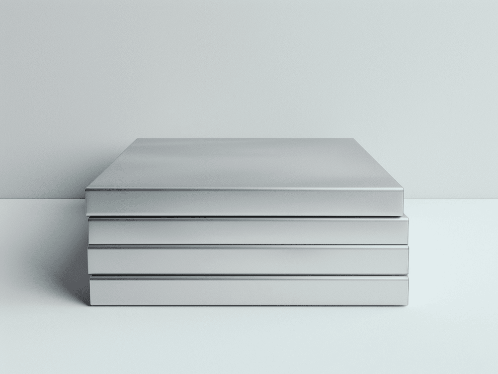 Ein minimalistisches Bild, das einen Stapel von drei dünnen, quadratischen, silbernen Aluminiumschachteln mit glatter Oberfläche vor einem schlichten hellgrauen Hintergrund zeigt.