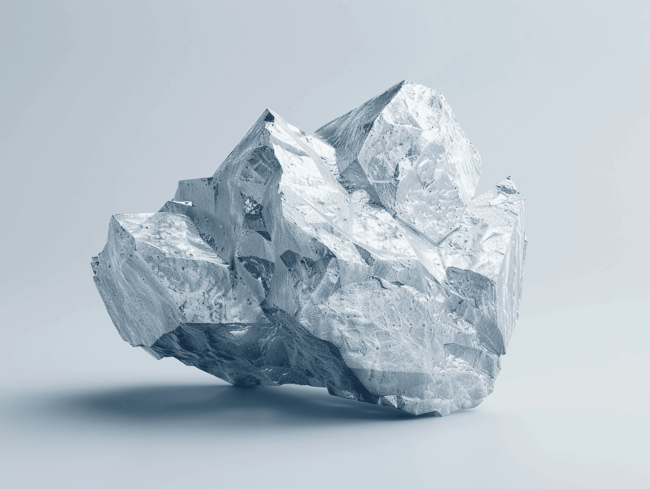 Ein großer, kantiger, hellblau-grauer Mineralkristall mit scharfen Kanten und rauer Oberfläche vor einem schlichten, hellen Hintergrund.