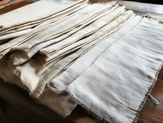 Mehrere Stapel gebrochener, weißer, ausgefranster Barchent-Stoffstreifen sind ordentlich auf einer hölzernen Oberfläche angeordnet, wobei ihre rauen, unbearbeiteten Kanten und ihr strukturiertes Material zur Geltung kommen.