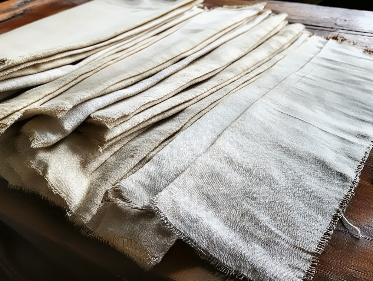Mehrere Stapel gebrochener, weißer, ausgefranster Barchent-Stoffstreifen sind ordentlich auf einer hölzernen Oberfläche angeordnet, wobei ihre rauen, unbearbeiteten Kanten und ihr strukturiertes Material zur Geltung kommen.
