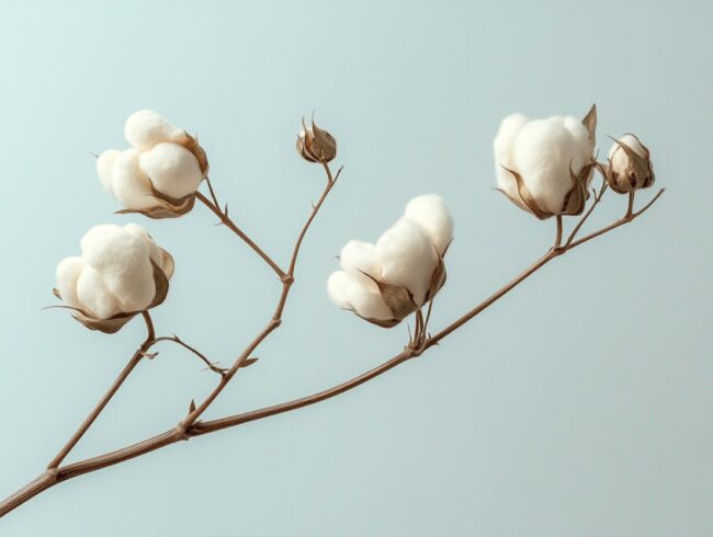 Eine Nahaufnahme eines Baumwollzweigs oder einer Baumwolle mit mehreren flauschigen weißen Baumwollkapseln vor einem blassblauen Hintergrund. Die braunen Stängel und offenen Hülsen heben die weichen Baumwollfasern hervor.