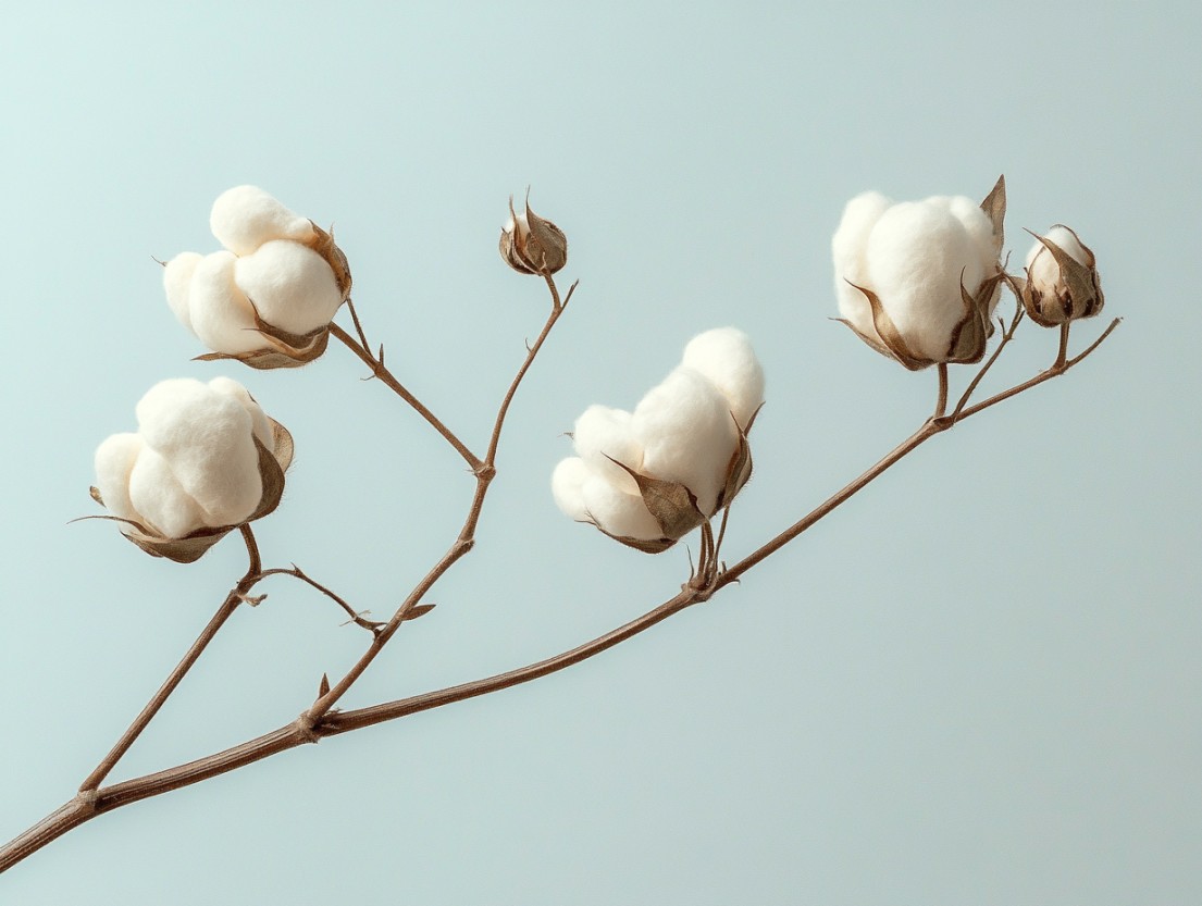 Eine Nahaufnahme eines Baumwollzweigs oder einer Baumwolle mit mehreren flauschigen weißen Baumwollkapseln vor einem blassblauen Hintergrund. Die braunen Stängel und offenen Hülsen heben die weichen Baumwollfasern hervor.