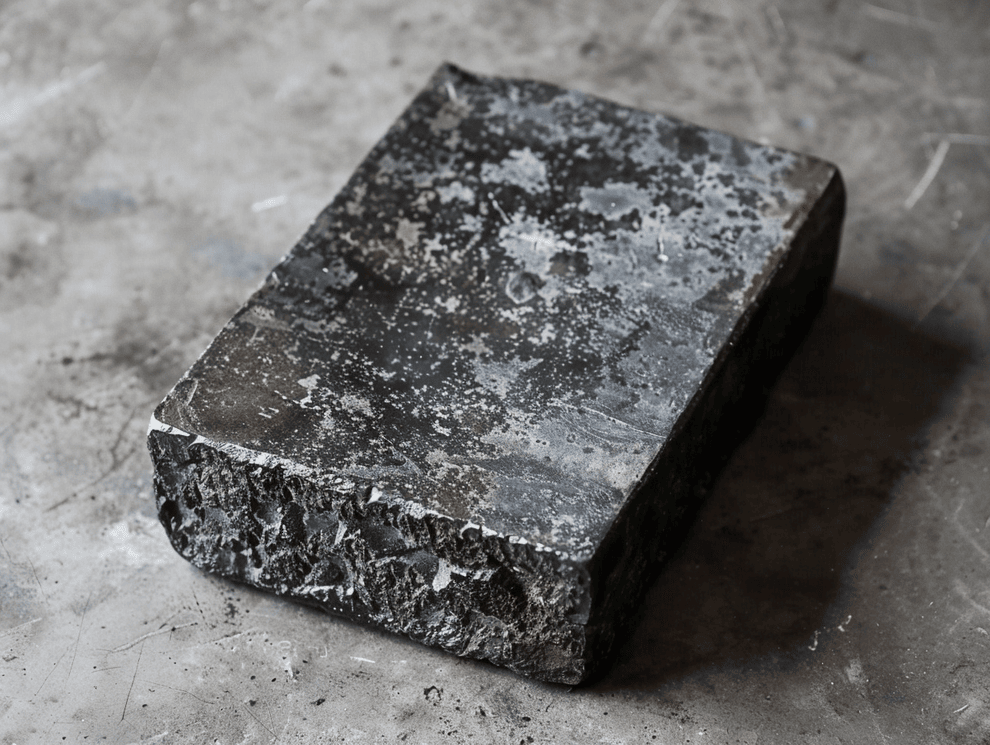 Eine raue, rechteckige Eisenplatte mit einer verwitterten, gesprenkelten Oberfläche liegt auf einem grauen, strukturierten Betonboden.