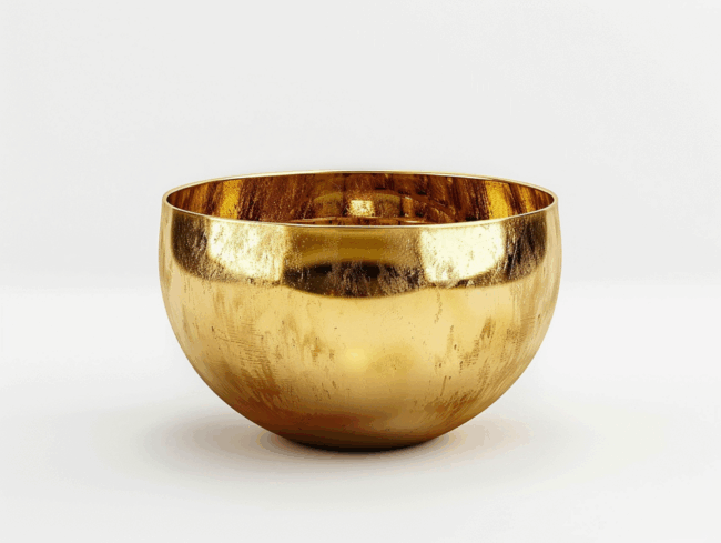 Eine glänzende, spiegelnde, goldene Schale mit glatter Oberfläche steht auf einem weißen Hintergrund.