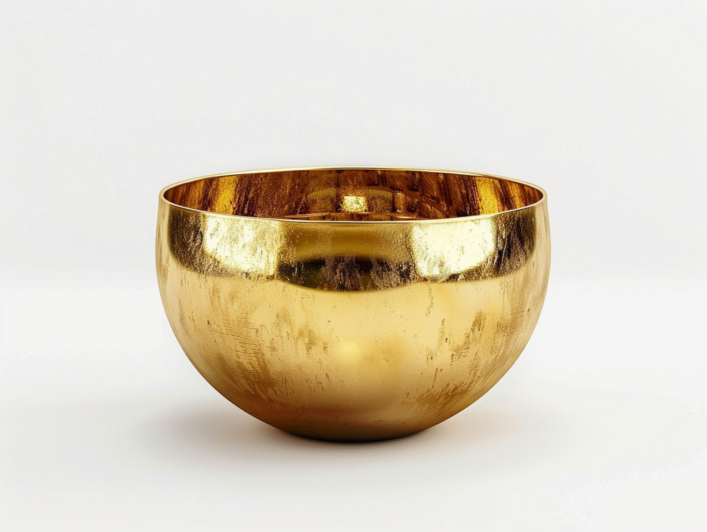 Eine glänzende, spiegelnde, goldene Schale mit glatter Oberfläche steht auf einem weißen Hintergrund.