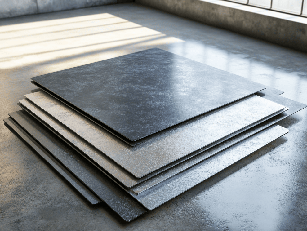 Ein Stapel großer, quadratischer Bleche, bereit für die Pulverbeschichtung, liegt auf einem Betonboden in einem Industrieraum mit großen Fenstern und Sonnenlicht, das Schatten auf die Szene wirft.