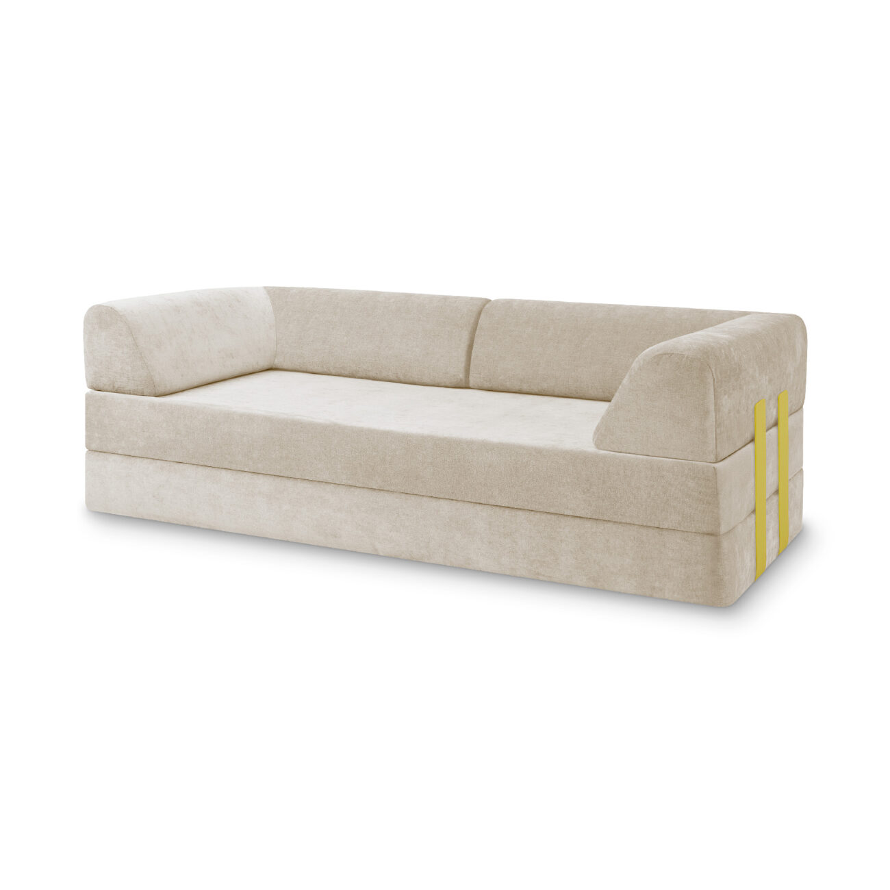 Ein modernes, hellbeiges 2-Sitzer-Sofa mit Plüschkissen, niedrigen, abgerundeten Armlehnen und zwei vertikalen gelben Bändern auf der rechten Seite. Das schlichte Design ist minimalistisch und passt perfekt in jeden modernen Wohnbereich.