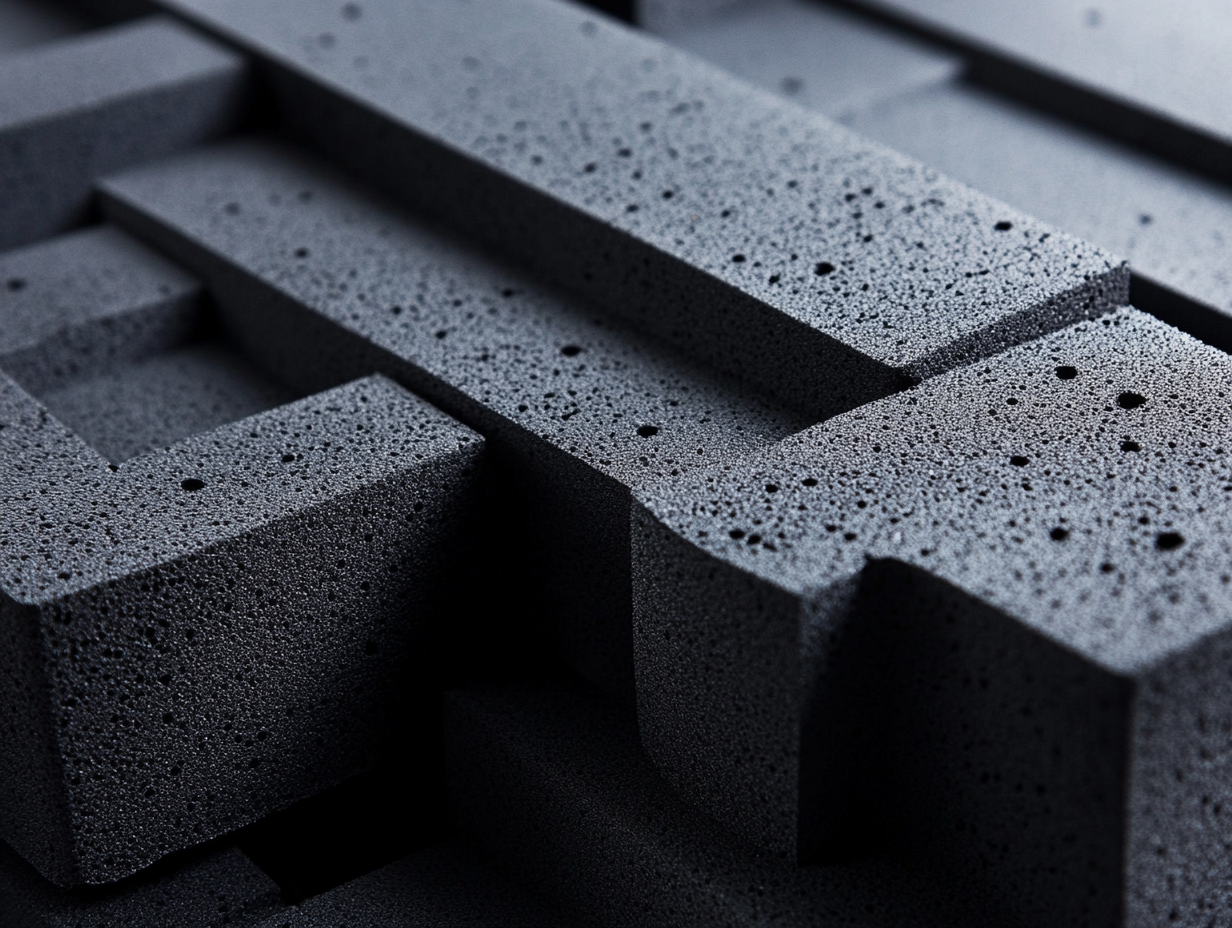 Nahaufnahme von dunkelgrauen, strukturierten Schaumgummi-Blöcken, die in einem geometrischen, geschichteten Muster angeordnet sind und poröse Oberflächen und scharfe Kanten aufweisen.