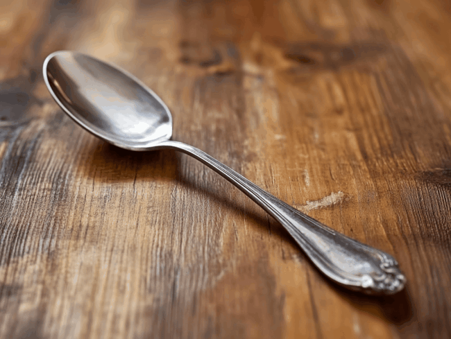 Ein glänzender Silberlöffel mit einem verzierten Griff ruht auf einer rustikalen Holzoberfläche.