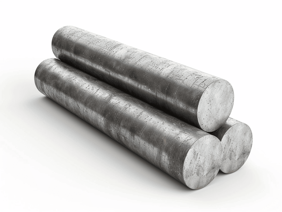 Drei große, zylindrische Stahlstäbe mit einer rauen, strukturierten Oberfläche sind auf einem weißen Hintergrund übereinander gestapelt. Die silbergrauen Stäbe sind in einer Dreiecksform angeordnet.