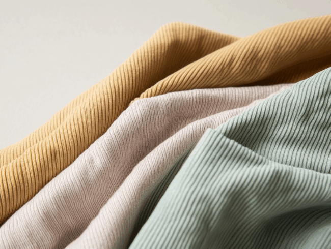 Drei Stücke aus geripptem Cordstoff in gedeckten Erdtönen - Senfgelb, Beige und Salbeigrün - sind nebeneinander drapiert, wodurch ihre Textur und ihre weichen Falten betont werden.