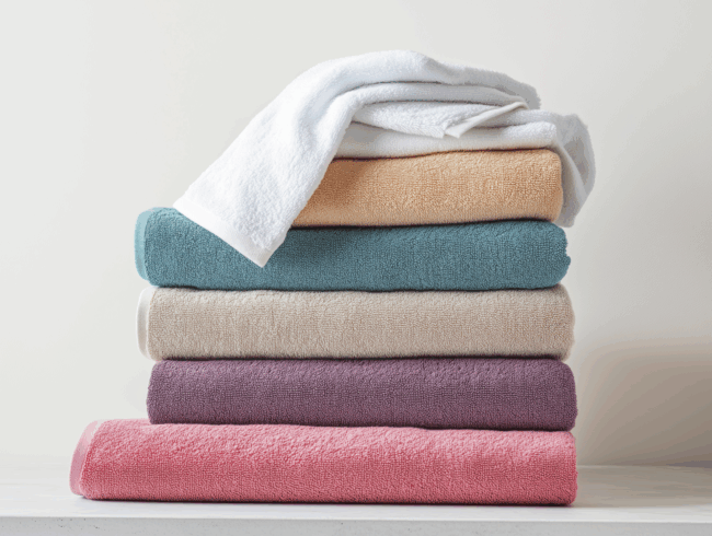 Ein ordentlich gefalteter Stapel bunter Frottee-Handtücher liegt auf einer weißen Fläche. Die Frottee-Handtücher - rosa, lila, beige, blaugrün, pfirsichfarben und weiß - sind in einem Farbverlauf von unten nach oben angeordnet, wobei das weiße Handtuch über den Stapel drapiert ist.