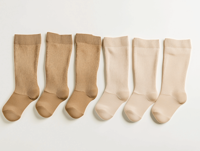 Sechs Paar Kniestrümpfe aus Nylon in verschiedenen Beige-, Hellbraun- und Cremetönen sind nebeneinander auf einem weißen Hintergrund angeordnet und zeigen einen Farbverlauf von dunkleren zu helleren Tönen.