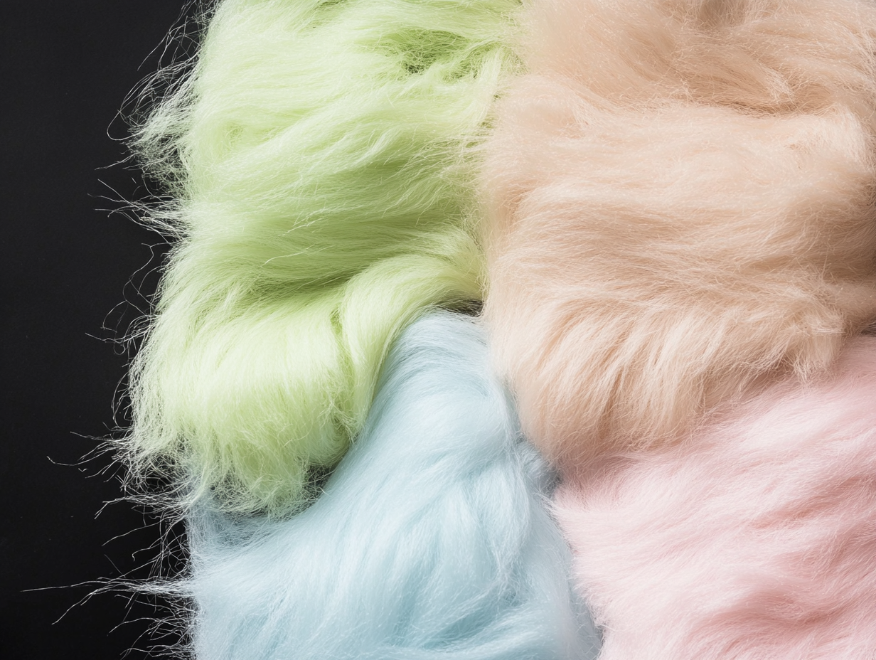 Vier flauschige Strukturstoffe aus Polyacrylfasern in Pastellgrün, Pfirsich, Blau und Rosa sind dicht aneinandergereiht vor einem schwarzen Hintergrund.