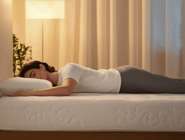 Eine Person schläft auf dem Bauch auf einer weißen 7-Zonen-Matratze, trägt ein weißes Hemd und eine graue Hose, mit einem weißen Kissen unter dem Kopf in einem schwach beleuchteten Schlafzimmer.