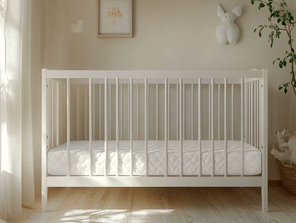 Ein weißes Kinderbett mit einer Babymatratze steht in einem sanft beleuchteten Raum, dekoriert mit Plüschtieren, gerahmter Kunst, einem Korb und einer Blattpflanze neben transparenten Vorhängen. Die Dekoration schafft eine ruhige, gemütliche Atmosphäre im Kinderzimmer.