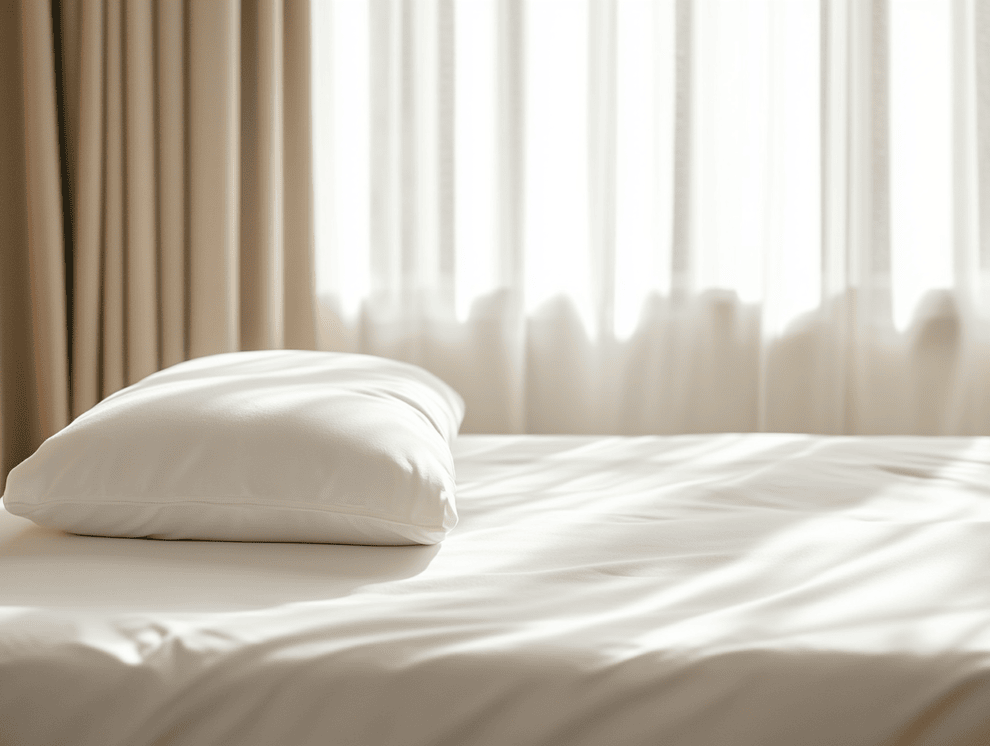 Ein ordentlich gemachtes Bett mit einem einzigen weißen Kissen und weißen Laken, alles in weiches natürliches Licht von einem Fenster mit transparenten Vorhängen getaucht, unterstreicht sowohl den Komfort als auch die Feuerbeständigkeit für den Seelenfrieden.