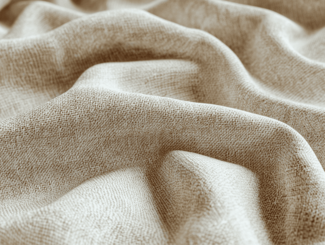 Nahaufnahme eines beigen, strukturierten Stoffes mit weichen, fließenden Falten und sanften Wellen, der sein leinwandgebundenes Webmuster und seine fühlbare Oberfläche zeigt.