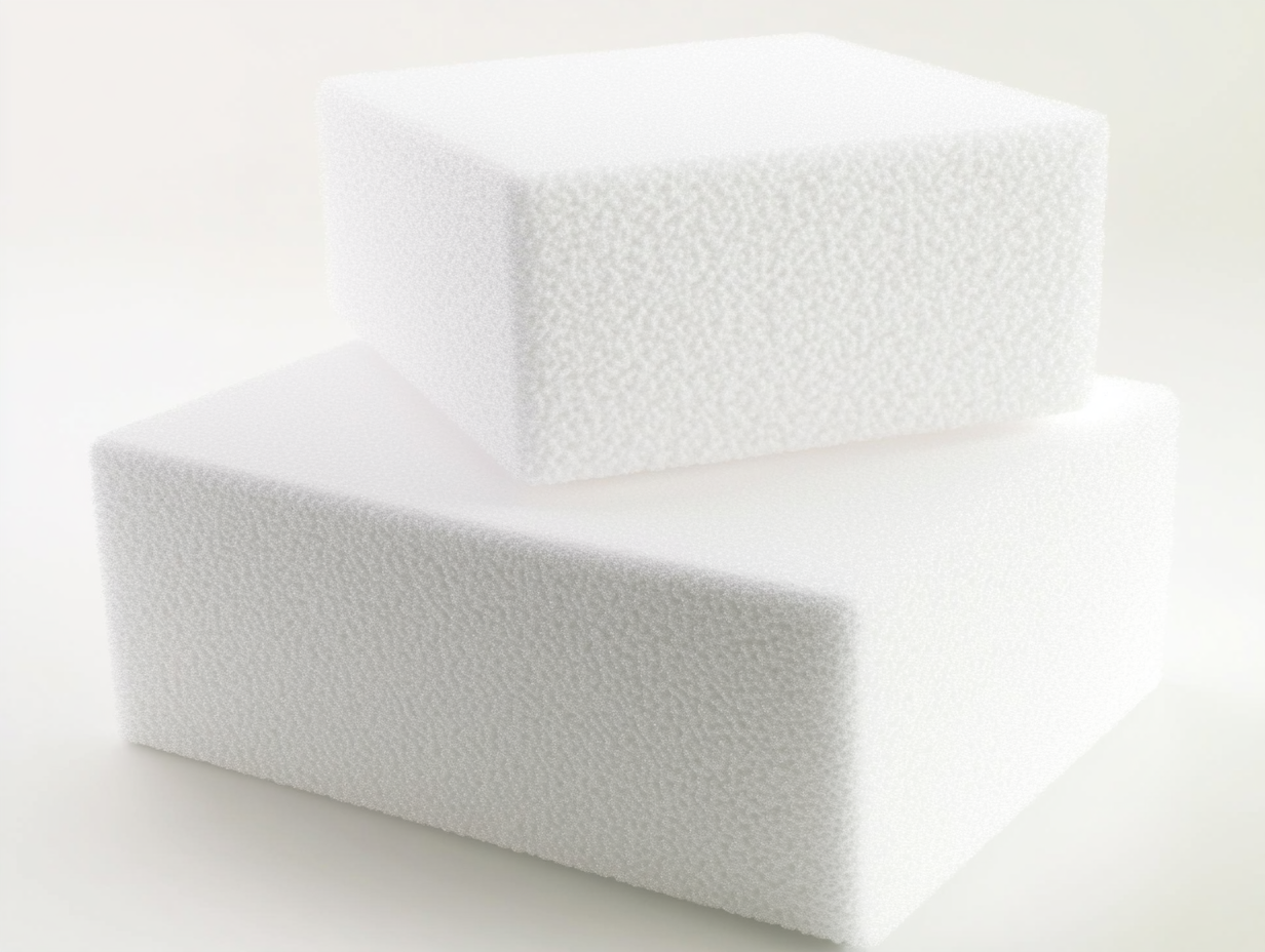 Zwei weiße, rechteckige Schaumstoffblöcke aus Polyethylenschaum sind vor einem einfarbigen Hintergrund übereinander gestapelt. Der Schaumstoff hat eine strukturierte, poröse Oberfläche.