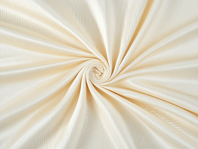 Nahaufnahme eines cremefarbenen, spiralförmig angeordneten Satinstoffs, der seine glatte Textur, seinen subtilen Glanz und seine hervorragende Reibechtheit zur Geltung bringt.