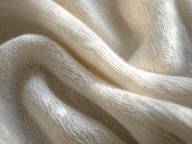 Nahaufnahme eines weichen, cremefarbenen Gestricks mit sanften Falten und strukturierter Oberfläche, das Wärme, Gemütlichkeit und bemerkenswerte Scheuerbeständigkeit suggeriert.