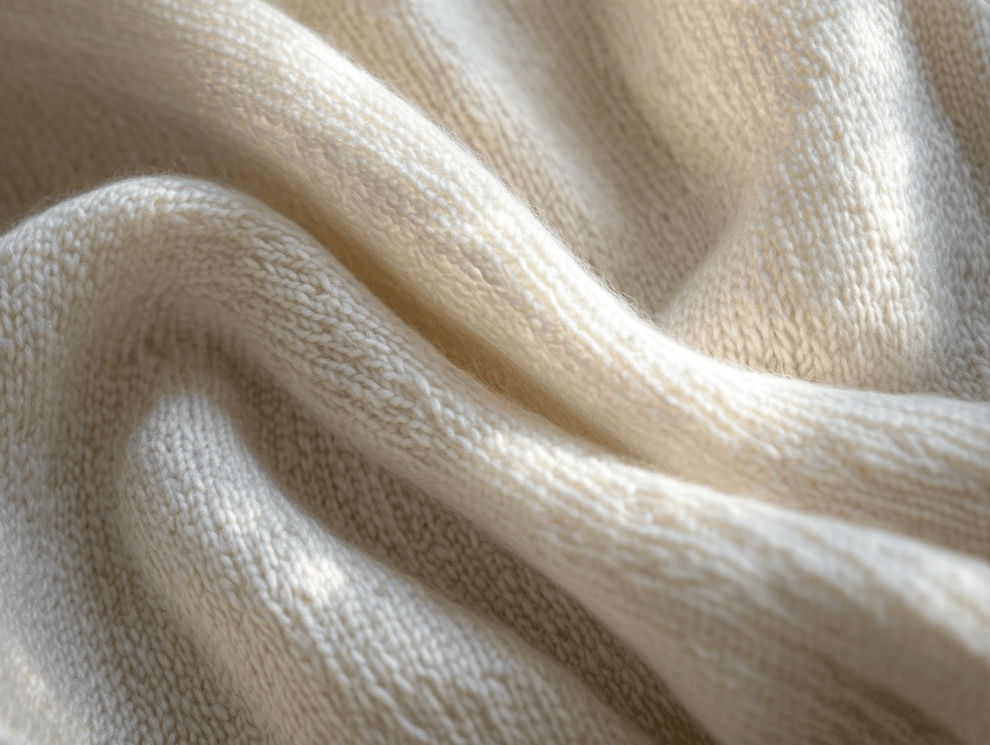 Nahaufnahme eines weichen, cremefarbenen Gestricks mit sanften Falten und strukturierter Oberfläche, das Wärme, Gemütlichkeit und bemerkenswerte Scheuerbeständigkeit suggeriert.
