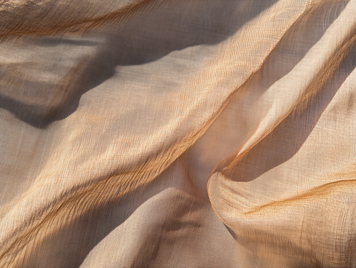 Nahaufnahme eines hellen, halbtransparenten beigen Batiststoffs mit weichen Falten und Knicken, die sanfte Schatten und Highlights auf der strukturierten Oberfläche erzeugen.