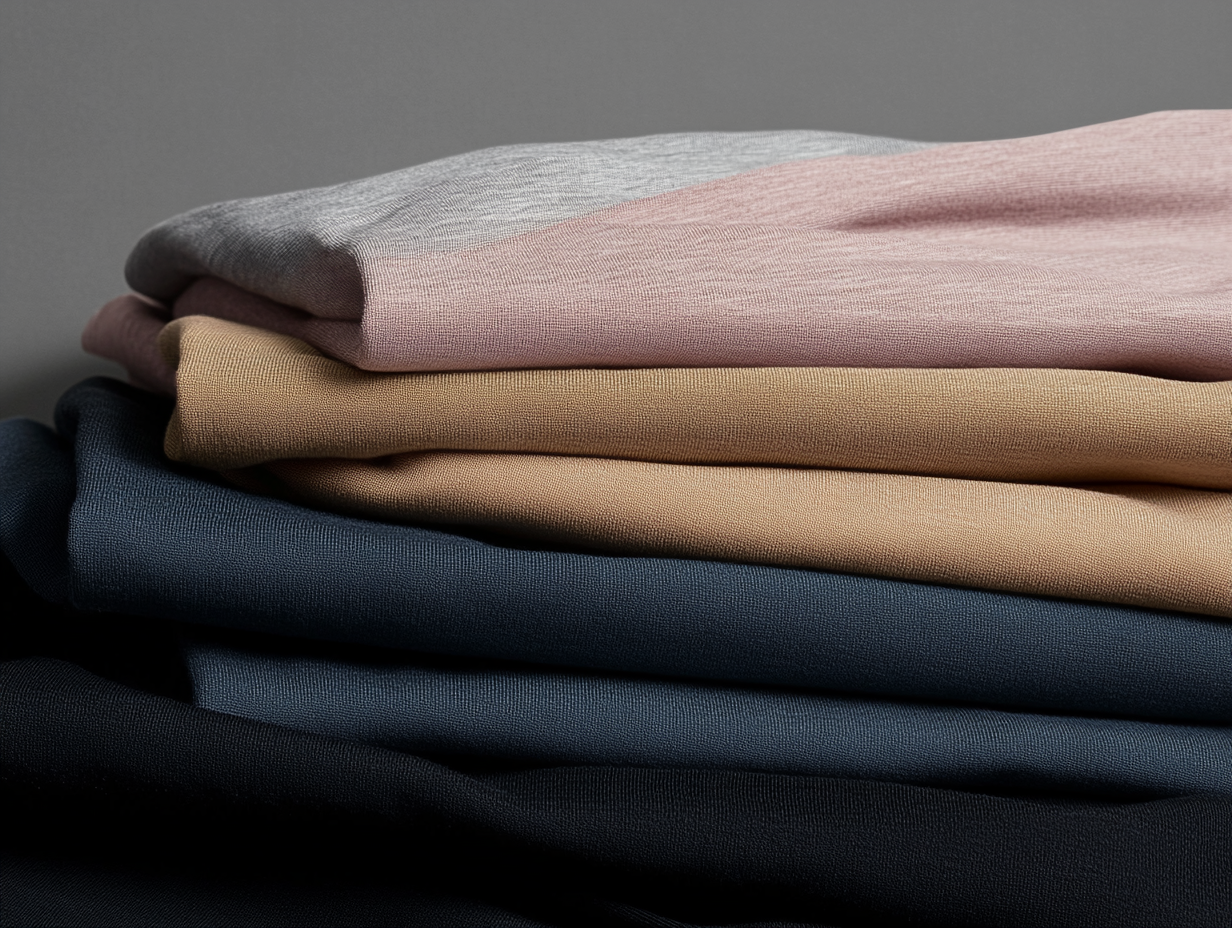 Ein ordentlich gefalteter Stapel Mako-Trikotkleider in verschiedenen Farben, darunter hellgrau, rosa, beige, blau und schwarz, vor einem neutralen Hintergrund.