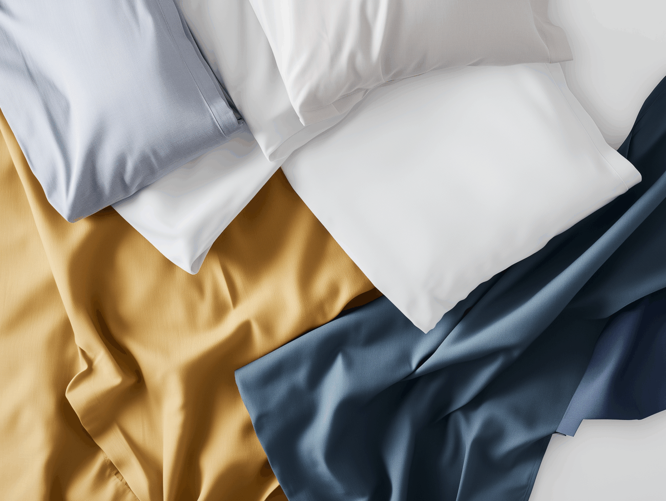 Ein ordentlich gemachtes Bett mit Perkallaken in Senfgelb, Dunkelblau und Weiß, gepaart mit weißen, hellgrauen und hellblauen Kissen für ein farbenfrohes und gemütliches Arrangement.