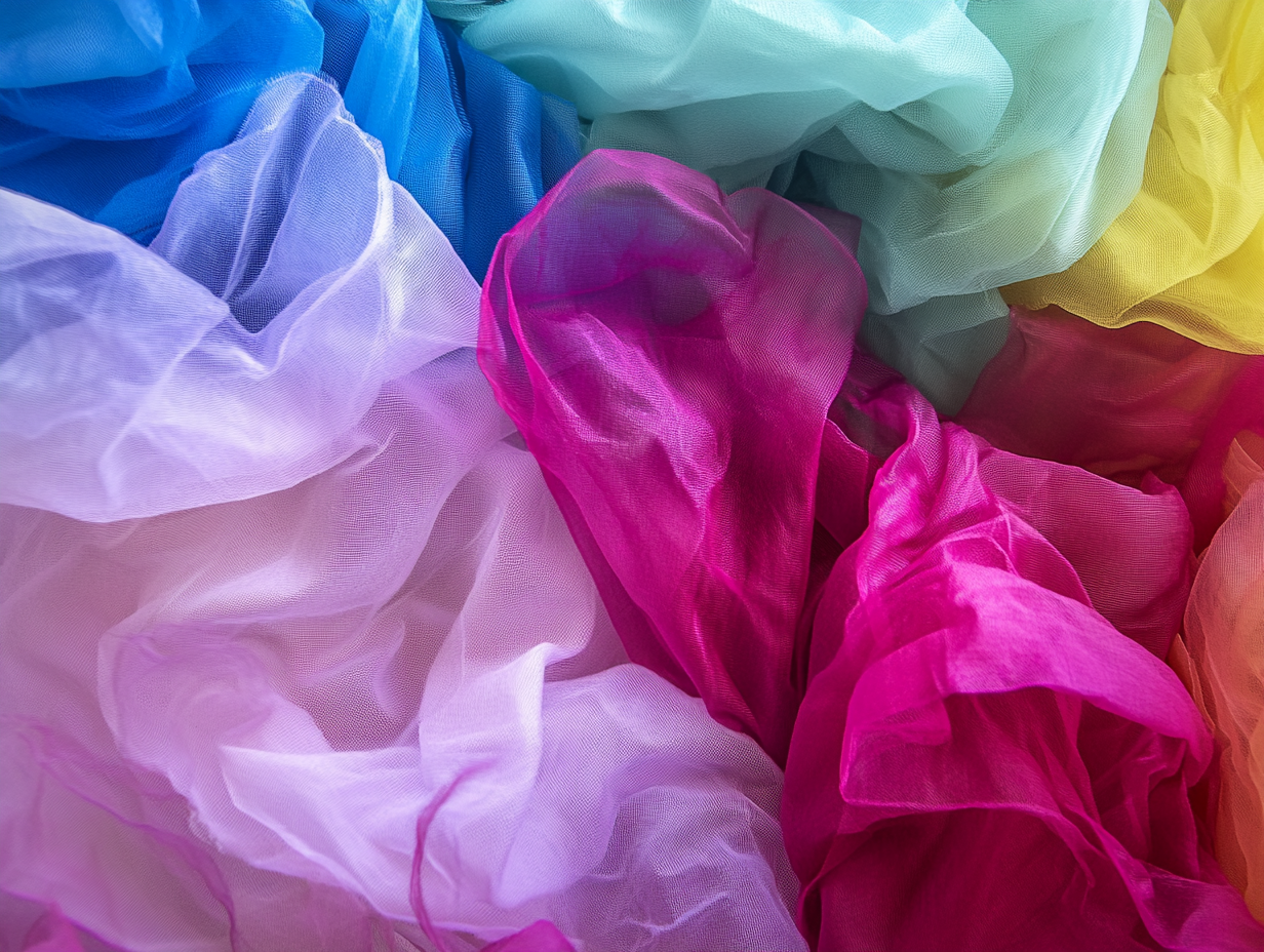 Buntes, durchsichtiges Polyamid-Gewebe in Blau-, Grün-, Rosa-, Violett- und Weißtönen, das sich überlagert und überlappt, um ein weiches, fließendes und strukturiertes abstraktes Muster zu erzeugen.