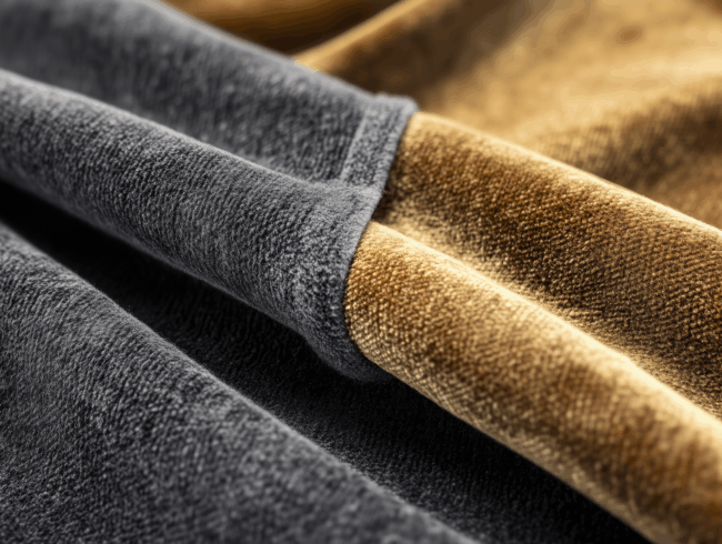 Nahaufnahme von gefaltetem, weichem Veloursstoff in dunkelgrauen und goldbraunen Farben, die die glatte, luxuriöse Textur und die reichen Farbtöne des Materials hervorheben.