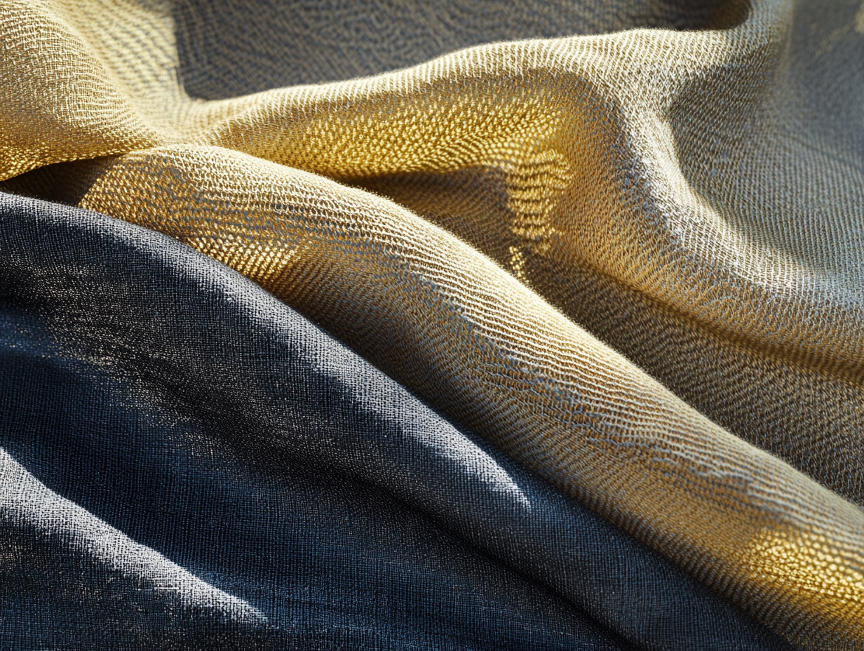 Nahaufnahme eines strukturierten Webstoffs in Gold- und Dunkelgrautönen. Sanfte Falten und weiches Licht heben das gewebte Muster hervor und schaffen ein Gefühl von Tiefe und Bewegung.