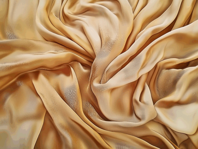 Weicher, goldgelber Wildseidenstoff wird kunstvoll drapiert und gefaltet, wodurch wirbelnde, fließende Muster und ein luxuriöses, strukturiertes Aussehen entstehen.