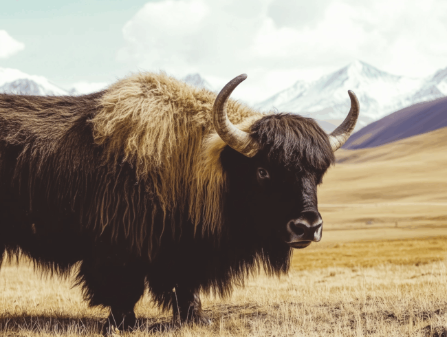 Ein großer schwarzer und brauner Yak mit gebogenen Hörnern steht auf trockenem Grasland, das für seine Yakwolle geschätzt wird, mit schneebedeckten Bergen und einem teilweise bewölkten Himmel im Hintergrund.