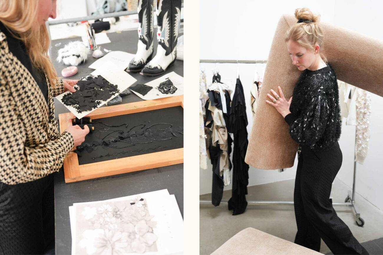 Geteiltes Bild: Links arrangiert eine Frau schwarze Blumenapplikationen auf Stoff an einem Arbeitstisch. Rechts trägt sie eine große Stoffrolle auf ihrer Schulter in einem Atelier, in dem im Hintergrund Kleider hängen.