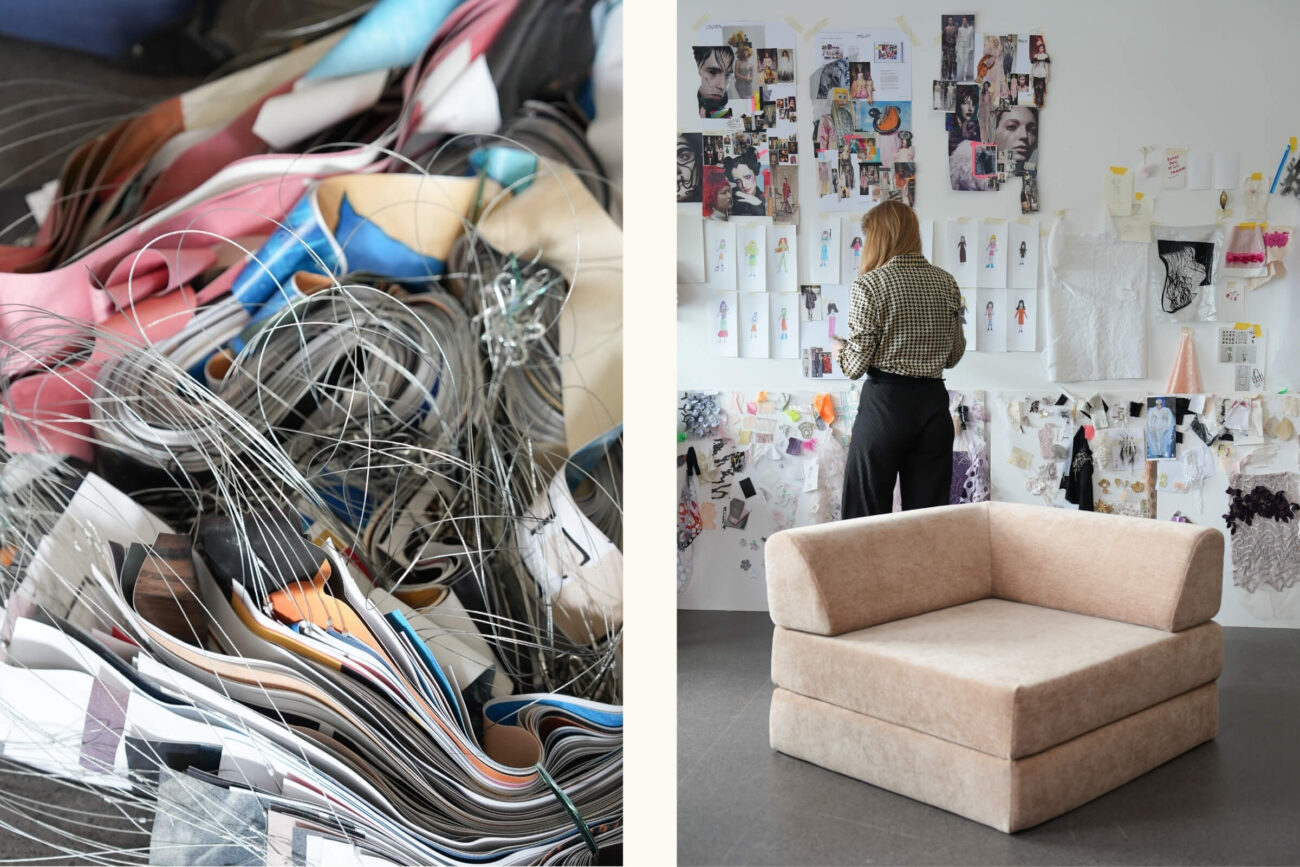 Ein geteiltes Bild zeigt links einen Stapel verhedderter Fäden und bunter Stoffreste und rechts eine Person, die vor einer mit Modeskizzen, Fotos und Stoffmustern bedeckten Wand steht, neben einem beigen Sessel.