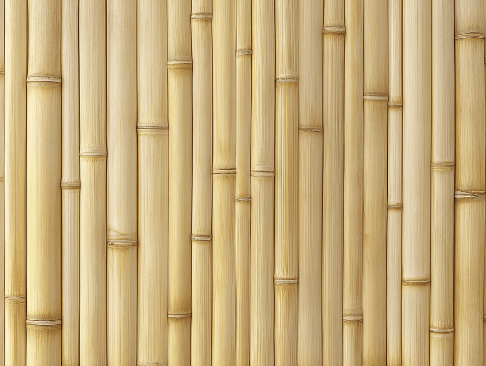 Nahaufnahme einer vertikalen Bambuswand mit naturbelassenen, hellgelb-braunen Bambushalmen, die eng aneinandergereiht sind und die für Bambus typischen Knoten und Texturvariationen aufweisen.