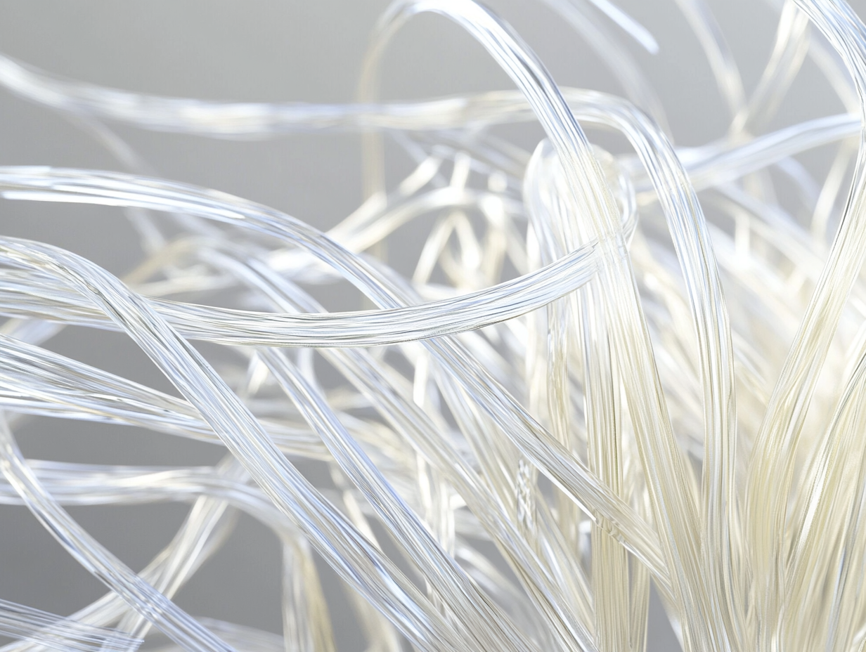 Nahaufnahme mehrerer durchsichtiger, flexibler Chemiefasern oder Glasfasern, die vor einem weichen, hellen Hintergrund ineinander verschlungen sind und ein abstraktes und kompliziertes Muster bilden.