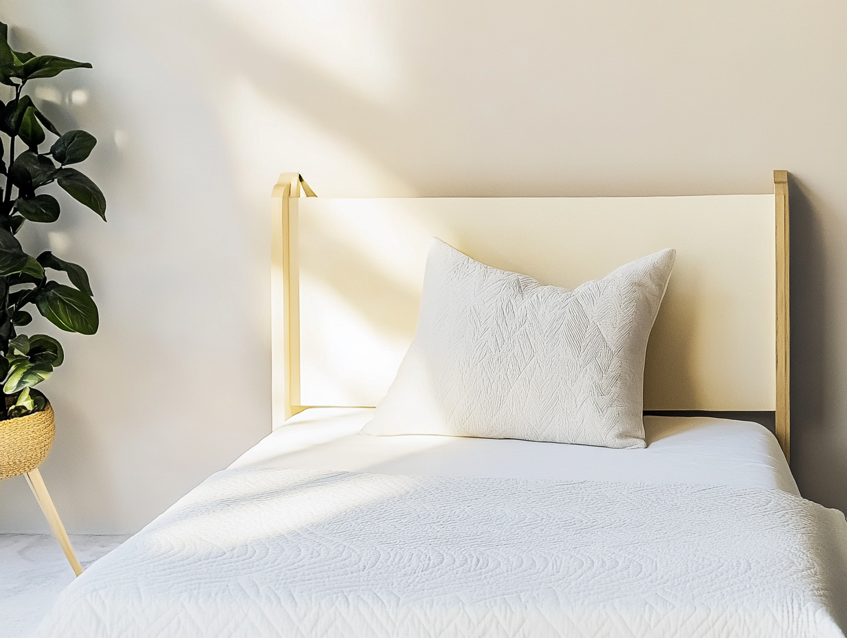 Ein ordentlich gemachtes Einzelbett mit einem weißen, strukturierten Kissen und einer Decke steht vor einer hellen Wand. Sonnenlicht strömt herein, und eine grüne Topfpflanze steht neben dem Bett und schafft eine helle und minimalistische Atmosphäre.