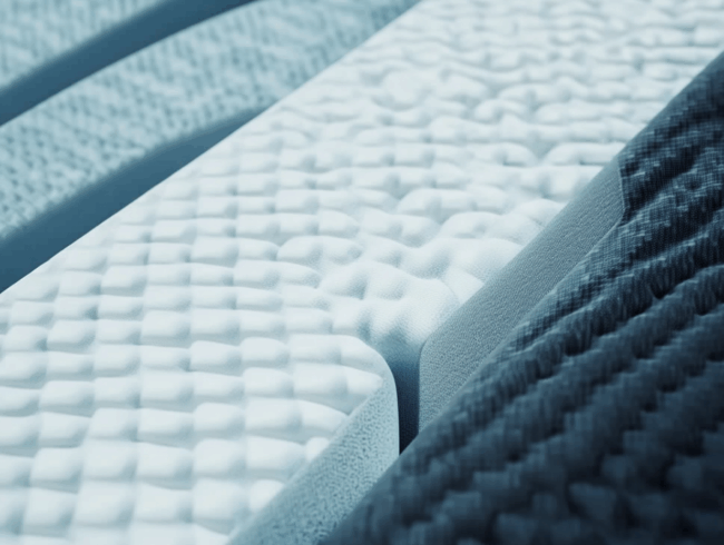 Nahaufnahme von strukturierten Gelschaumoberflächen in hellblauen und grauen Farbtönen mit geometrischen Mustern und Rillen, die an Materialien für Matratzen oder Polsterungen erinnern.