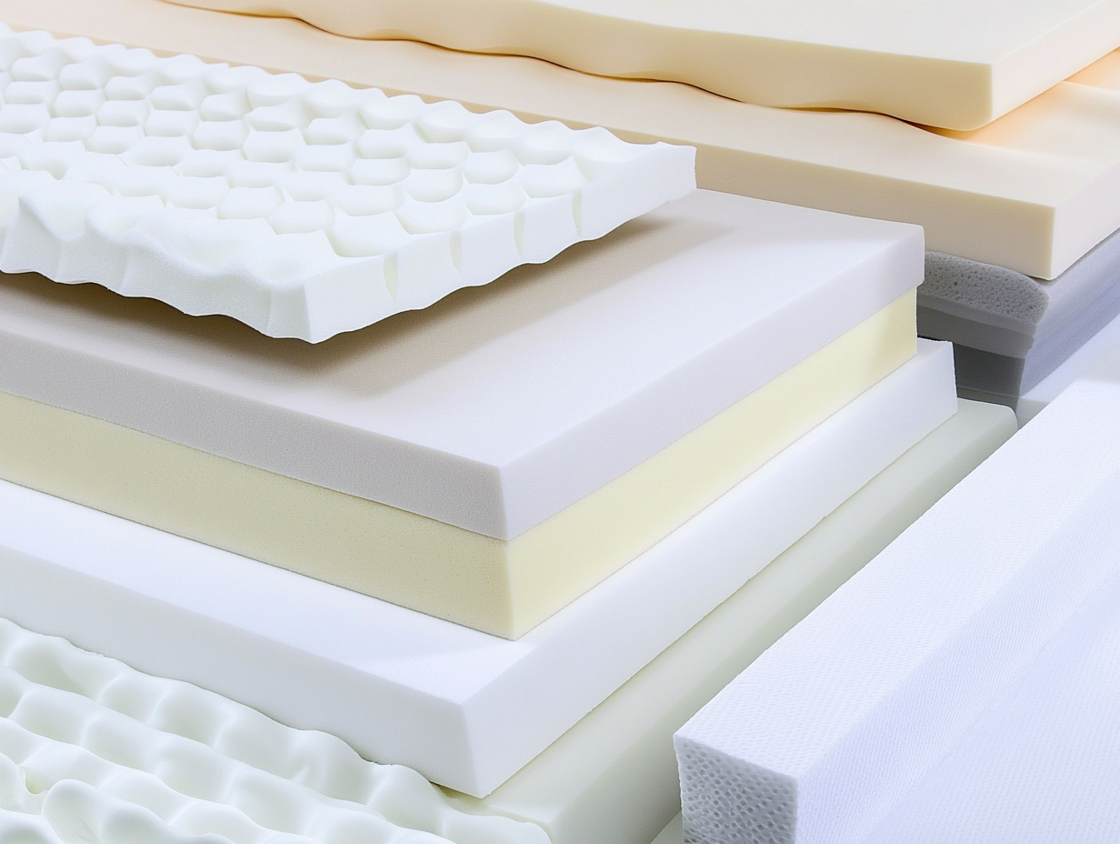 Stapel verschiedener Komfortschaum-Matratzenschichten in unterschiedlichen Dicken, Farben und Strukturen, einschließlich glatter, gewellter und wabenförmiger Oberflächen, in einem geordneten Stapel in Nahaufnahme angeordnet.