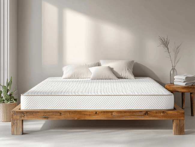 Ein minimalistisches Schlafzimmer mit einem Holzbettgestell, einer Matratze und drei weißen Kissen ist mit neutraler Bettwäsche ausgestattet. Inspiriert von den Empfehlungen der Stiftung Warentest steht links eine Topfpflanze, während rechts ein kleiner Tisch mit getrocknetem Gras in einer Vase an der beigen Wand steht.