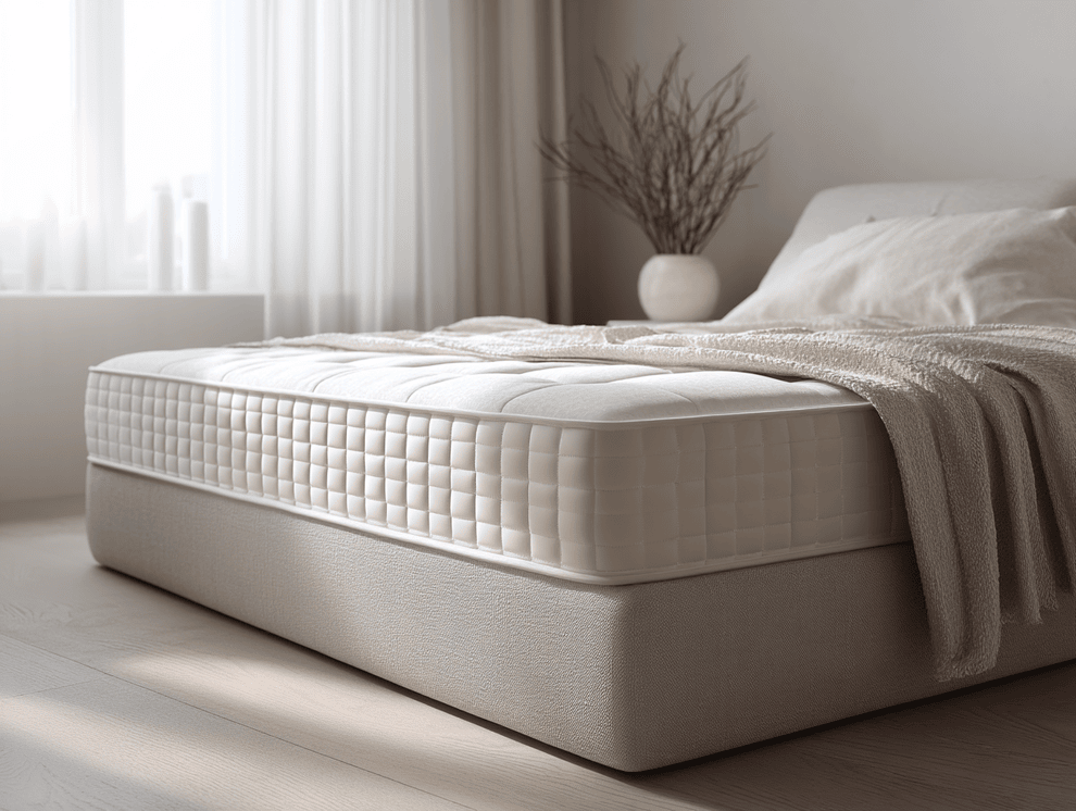 Ein ordentlich gemachtes Bett mit einer dicken, TÜV Rheinland-zertifizierten Steppmatratze und einer strukturierten beigen Decke in einem sanft beleuchteten, minimalistischen Schlafzimmer mit hellen Wänden, einer Vase mit Zweigen und transparenten Vorhängen.