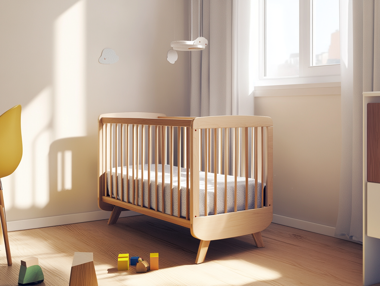 Ein sonnendurchflutetes Kinderzimmer mit einem hölzernen Babybett, einem darüber hängenden Mobile, verstreutem Spielzeug auf dem Boden, einem gelben Stuhl und einem Fenster mit hellgrauen Vorhängen, die natürliches Licht hereinlassen.