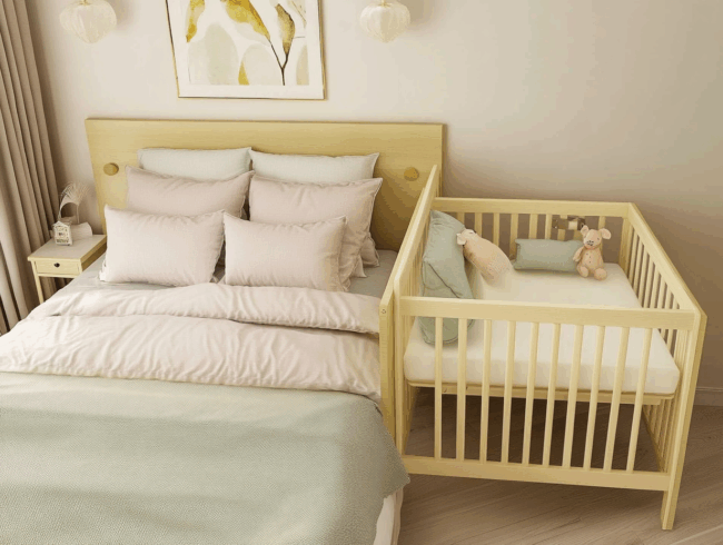 Ein gemütliches Schlafzimmer mit einem hübsch gemachten Bett neben einem hölzernen Beistellbett. Das Bett hat mehrere Kissen und helle Bettwäsche, während das Beistellbett mit Kissen, einem Plüschtier und weicher pastellfarbener Bettwäsche ausgestattet ist. Das Zimmer ist hell dekoriert.