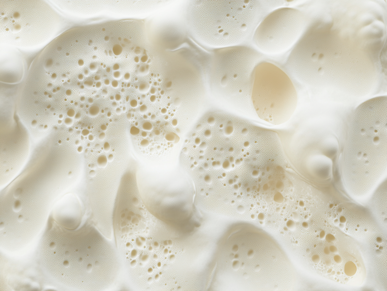 Nahaufnahme einer schaumigen, cremeweißen Latexoberfläche mit verschiedenen Blasen und kleinen Kratern, die der Textur von Schlagsahne oder schaumigem Schaum ähnelt.