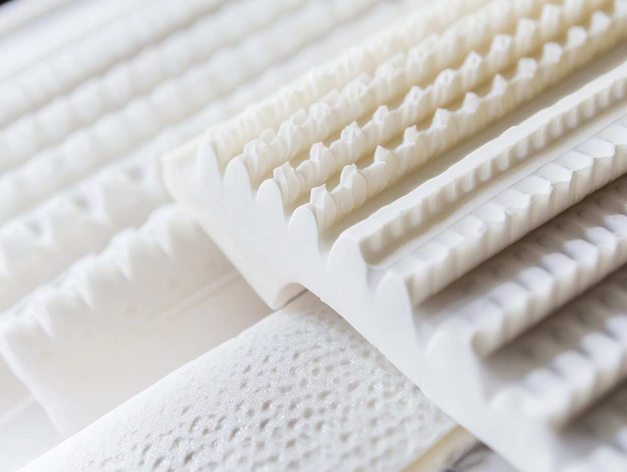 Nahaufnahme mehrerer weißer Schaumstoffmatratzenauflagen oder -polster, einschließlich Talalay-Latex-Varianten, mit unterschiedlichen Strukturmustern wie Rillen und Unebenheiten, nebeneinander angeordnet.
