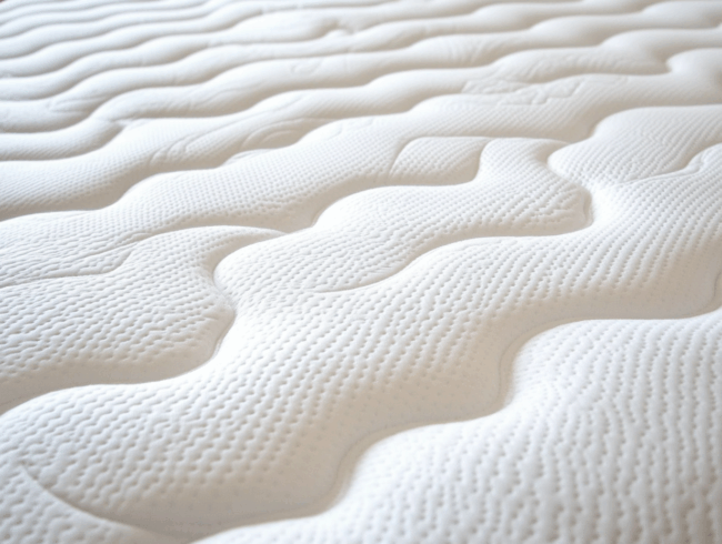 Nahaufnahme einer weißen Viskoschaum-Matratzenoberfläche mit einem wellenförmigen, strukturierten Muster und kleinen Perforationen für die Atmungsaktivität. Das Material wirkt weich und gepolstert.