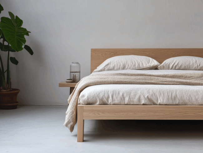 Ein minimalistisches Schlafzimmer mit einem Holzbett von Eichenholz, hellem Bettzeug, einer beigen Decke, einem Beistelltisch mit einer Glaslampe und einer großen Topfpflanze vor einer schlichten weißen Wand.