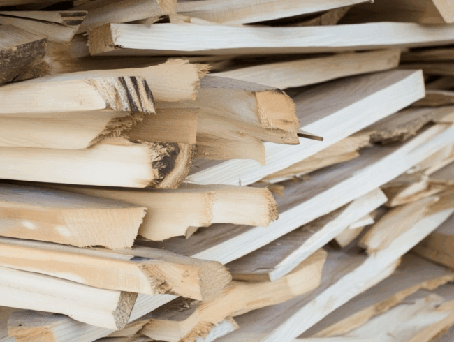 Nahaufnahme eines Stapels gespaltenen Pappelholzes mit rauen, ungleichmäßigen Kanten und natürlichen Holzmaserungen in verschiedenen Hellbraun- und Beigetönen.